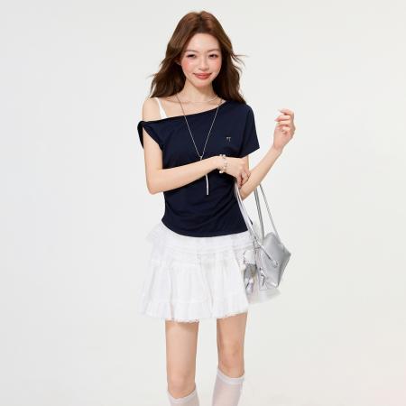 BY15594# 蕾丝花边下摆辣妹风斜肩短袖T恤女夏季褶皱扭结露肩上衣 服裝批發女裝批發服飾貨源