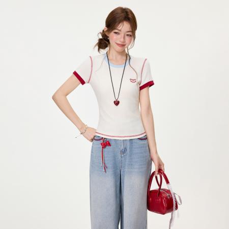 BY15595# 韩系撞色刺绣正肩短袖t恤女夏修身显瘦短款减龄上衣 服裝批發女裝批發服飾貨源