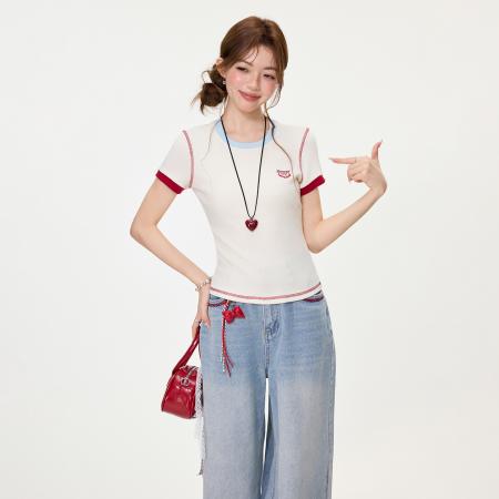 BY15595# 韩系撞色刺绣正肩短袖t恤女夏修身显瘦短款减龄上衣 服裝批發女裝批發服飾貨源