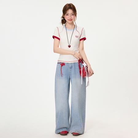 BY15595# 韩系撞色刺绣正肩短袖t恤女夏修身显瘦短款减龄上衣 服裝批發女裝批發服飾貨源