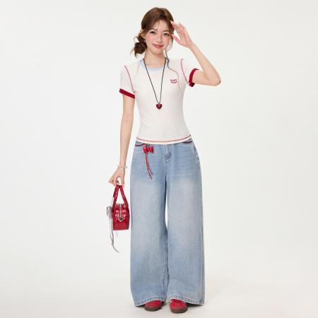 BY15595# 韩系撞色刺绣正肩短袖t恤女夏修身显瘦短款减龄上衣 服裝批發女裝批發服飾貨源