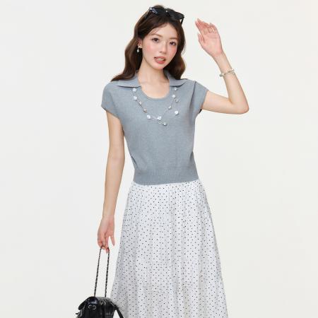 BY15596# 灰色u领针织正肩短袖t恤女新款夏修身短款小个子上衣 服裝批發女裝批發服飾貨源