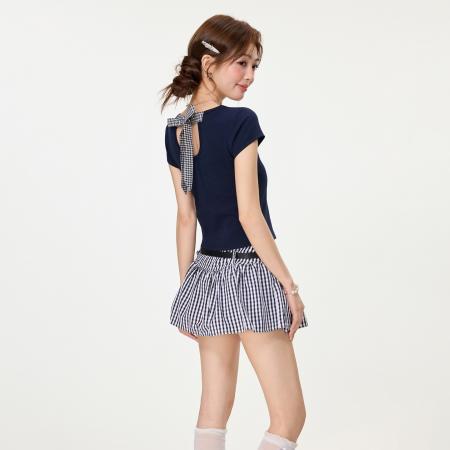 BY15598# 藏蓝蝴蝶结绑带正肩短袖t恤女夏季镂空辣妹修身短款上衣 服裝批發女裝批發服飾貨源