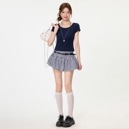 BY15598# 藏蓝蝴蝶结绑带正肩短袖t恤女夏季镂空辣妹修身短款上衣 服裝批發女裝批發服飾貨源