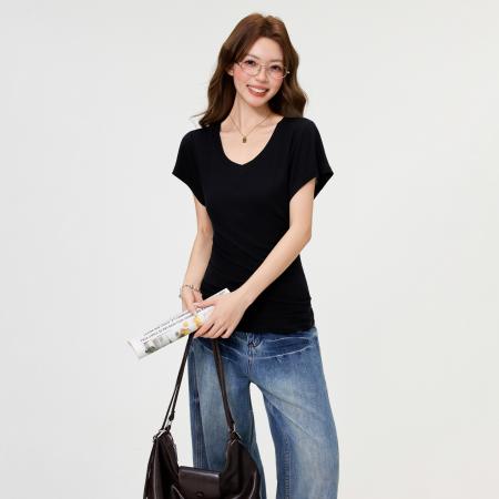 BY15599# 纯欲黑色莱赛尔V领短袖T恤女夏季正肩基础款收腰气质上衣 服裝批發女裝批發服飾貨源
