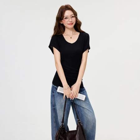 BY15599# 纯欲黑色莱赛尔V领短袖T恤女夏季正肩基础款收腰气质上衣 服裝批發女裝批發服飾貨源