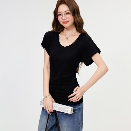 BY15599# 纯欲黑色莱赛尔V领短袖T恤女夏季正肩基础款收腰气质上衣 服裝批發女裝批發服飾貨源
