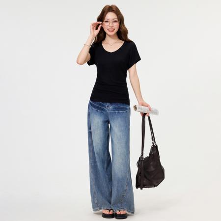 BY15599# 纯欲黑色莱赛尔V领短袖T恤女夏季正肩基础款收腰气质上衣 服裝批發女裝批發服飾貨源