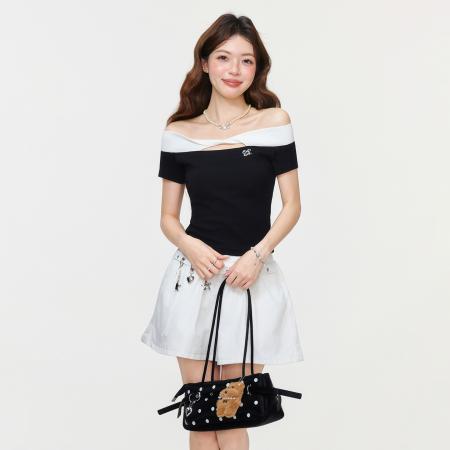 BY15600# 一字肩撞色短袖蝴蝶扭结掐腰镂空上衣气质显瘦收腰T恤女 服裝批發女裝批發服飾貨源