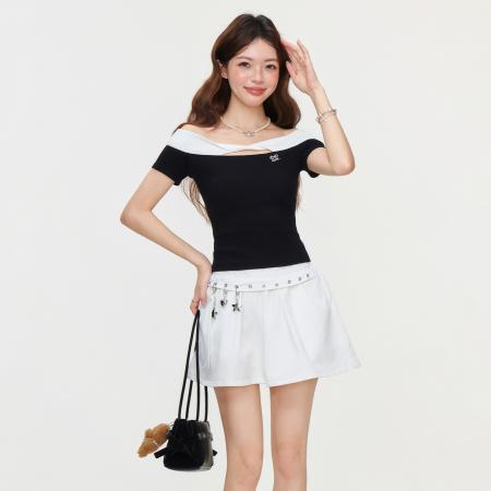 BY15600# 一字肩撞色短袖蝴蝶扭结掐腰镂空上衣气质显瘦收腰T恤女 服裝批發女裝批發服飾貨源