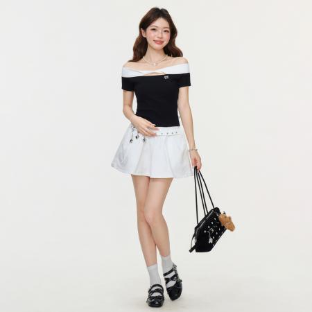 BY15600# 一字肩撞色短袖蝴蝶扭结掐腰镂空上衣气质显瘦收腰T恤女 服裝批發女裝批發服飾貨源