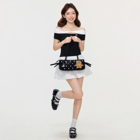 BY15600# 一字肩撞色短袖蝴蝶扭结掐腰镂空上衣气质显瘦收腰T恤女 服裝批發女裝批發服飾貨源