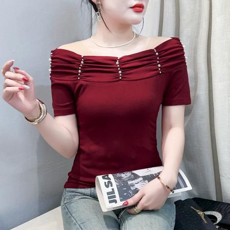 BY15603# 法式超好看的独特漂亮黑色一字肩上衣女夏季新款T恤衫设计感小众 服裝批發女裝批發服飾貨源