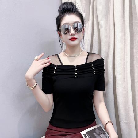 BY15603# 法式超好看的独特漂亮黑色一字肩上衣女夏季新款T恤衫设计感小众 服裝批發女裝批發服飾貨源