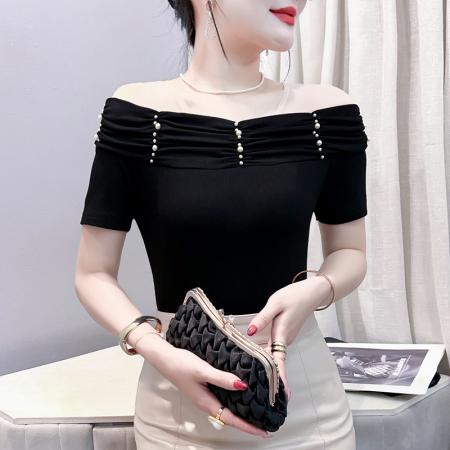 BY15603# 法式超好看的独特漂亮黑色一字肩上衣女夏季新款T恤衫设计感小众 服裝批發女裝批發服飾貨源