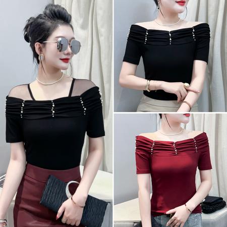 BY15603# 法式超好看的独特漂亮黑色一字肩上衣女夏季新款T恤衫设计感小众 服裝批發女裝批發服飾貨源