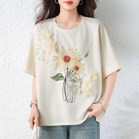 BY15607# 蝙蝠袖钉珠印花T恤夏季洋气慵懒休闲棉质宽松大码女装 服裝批發女裝批發服飾貨源