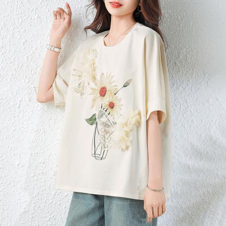 BY15607# 蝙蝠袖钉珠印花T恤夏季洋气慵懒休闲棉质宽松大码女装 服裝批發女裝批發服飾貨源