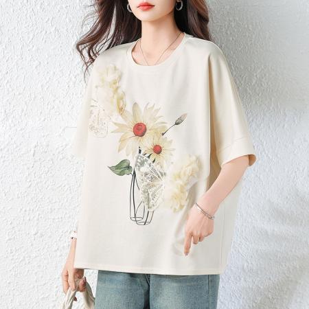 BY15607# 蝙蝠袖钉珠印花T恤夏季洋气慵懒休闲棉质宽松大码女装 服裝批發女裝批發服飾貨源