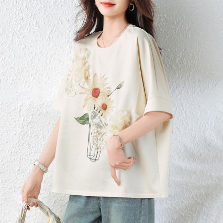 BY15607# 蝙蝠袖钉珠印花T恤夏季洋气慵懒休闲棉质宽松大码女装 服裝批發女裝批發服飾貨源