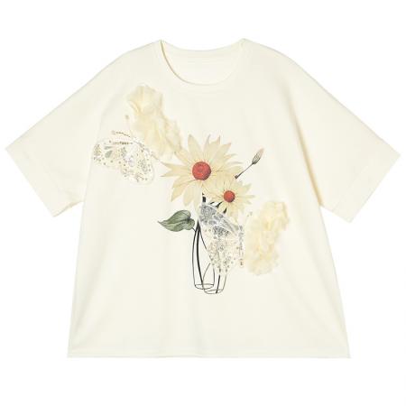 BY15607# 蝙蝠袖钉珠印花T恤夏季洋气慵懒休闲棉质宽松大码女装 服裝批發女裝批發服飾貨源