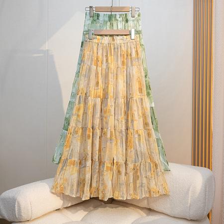 BY15609# 夏褶皱碎花压褶百搭高腰半身裙显瘦松紧腰大摆裙 服裝批發女裝批發服飾貨源