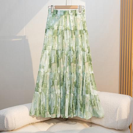 BY15609# 夏褶皱碎花压褶百搭高腰半身裙显瘦松紧腰大摆裙 服裝批發女裝批發服飾貨源