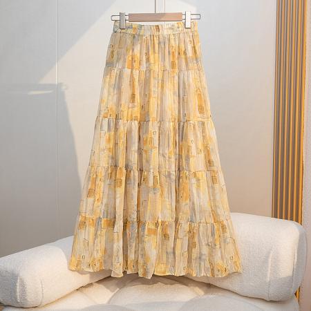 BY15609# 夏褶皱碎花压褶百搭高腰半身裙显瘦松紧腰大摆裙 服裝批發女裝批發服飾貨源