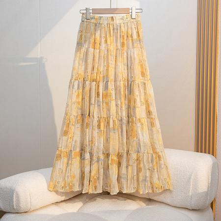 BY15609# 夏褶皱碎花压褶百搭高腰半身裙显瘦松紧腰大摆裙 服裝批發女裝批發服飾貨源