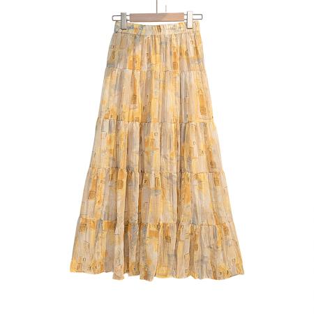 BY15609# 夏褶皱碎花压褶百搭高腰半身裙显瘦松紧腰大摆裙 服裝批發女裝批發服飾貨源