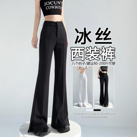 BY15614# 黑色开叉微喇裤职业女裤春夏高腰垂感显瘦西装直筒喇叭裤 服裝批發女裝批發服飾貨源
