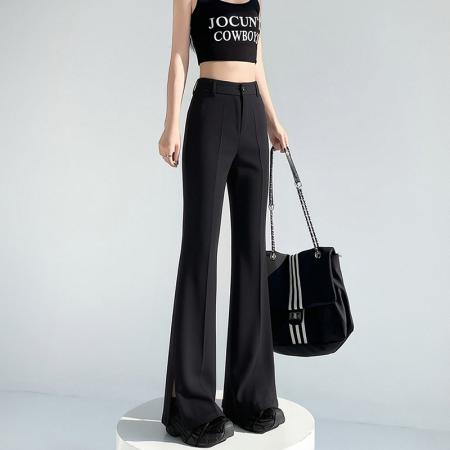 BY15614# 黑色开叉微喇裤职业女裤春夏高腰垂感显瘦西装直筒喇叭裤 服裝批發女裝批發服飾貨源