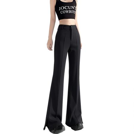 BY15614# 黑色开叉微喇裤职业女裤春夏高腰垂感显瘦西装直筒喇叭裤 服裝批發女裝批發服飾貨源