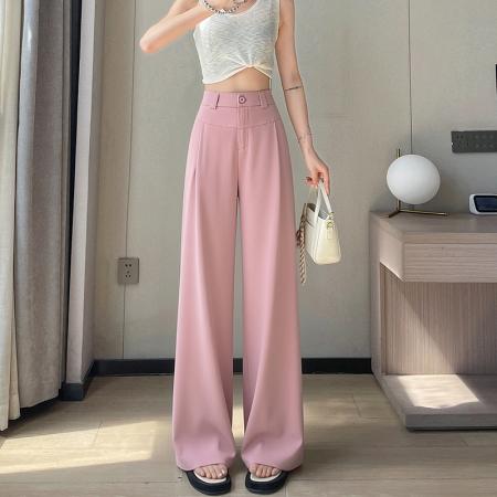 BY15615# 灰色西装裤女夏季薄款高腰显瘦高级感垂感西裤冰丝窄版直筒阔腿裤 服裝批發女裝批發服飾貨源