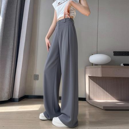 BY15615# 灰色西装裤女夏季薄款高腰显瘦高级感垂感西裤冰丝窄版直筒阔腿裤 服裝批發女裝批發服飾貨源