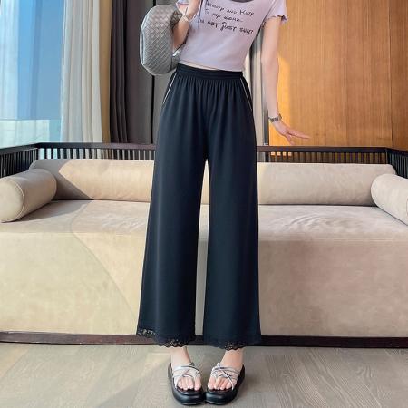 BY15621# 白色蕾丝边休闲裤女夏季薄款大码胖mm梨型身材显瘦冰丝弹力微喇裤 服裝批發女裝批發服飾貨源