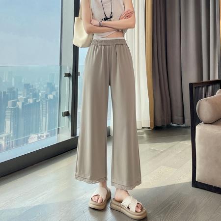 BY15621# 白色蕾丝边休闲裤女夏季薄款大码胖mm梨型身材显瘦冰丝弹力微喇裤 服裝批發女裝批發服飾貨源