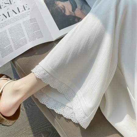 BY15621# 白色蕾丝边休闲裤女夏季薄款大码胖mm梨型身材显瘦冰丝弹力微喇裤 服裝批發女裝批發服飾貨源