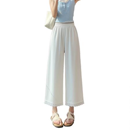 BY15621# 白色蕾丝边休闲裤女夏季薄款大码胖mm梨型身材显瘦冰丝弹力微喇裤 服裝批發女裝批發服飾貨源