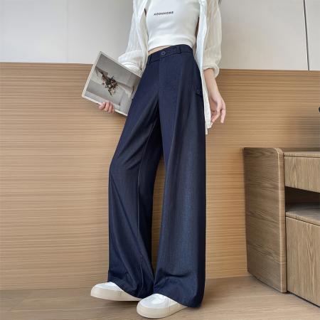 BY15622# 深蓝色冰丝阔腿牛仔裤女夏季薄款胖妹妹mm高腰宽松显瘦天丝直筒裤 服裝批發女裝批發服飾貨源