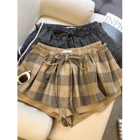 BY15624# 春秋新款美拉德甜美风百搭松紧腰格子拼接半身短裤裙女 服裝批發女裝批發服飾貨源