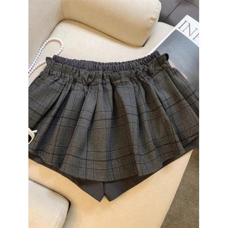 BY15624# 春秋新款美拉德甜美风百搭松紧腰格子拼接半身短裤裙女 服裝批發女裝批發服飾貨源