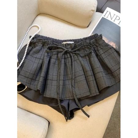 BY15624# 春秋新款美拉德甜美风百搭松紧腰格子拼接半身短裤裙女 服裝批發女裝批發服飾貨源