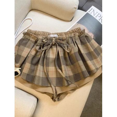BY15624# 春秋新款美拉德甜美风百搭松紧腰格子拼接半身短裤裙女 服裝批發女裝批發服飾貨源