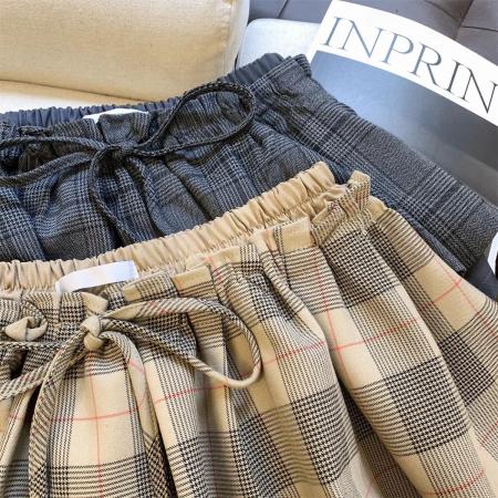 BY15624# 春秋新款美拉德甜美风百搭松紧腰格子拼接半身短裤裙女 服裝批發女裝批發服飾貨源