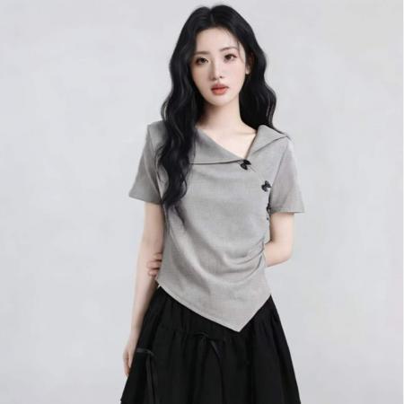 BY15625# 夏季新款百搭洋气时尚法式设计感不规则V领蝴蝶结短袖T恤 服裝批發女裝批發服飾貨源