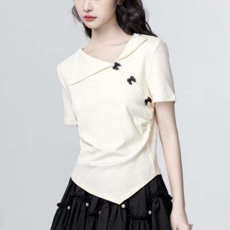 BY15625# 夏季新款百搭洋气时尚法式设计感不规则V领蝴蝶结短袖T恤 服裝批發女裝批發服飾貨源