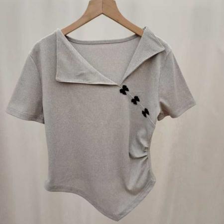 BY15625# 夏季新款百搭洋气时尚法式设计感不规则V领蝴蝶结短袖T恤 服裝批發女裝批發服飾貨源