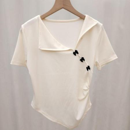 BY15625# 夏季新款百搭洋气时尚法式设计感不规则V领蝴蝶结短袖T恤 服裝批發女裝批發服飾貨源