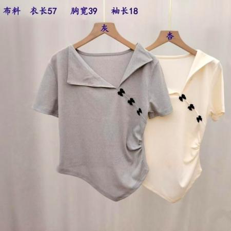 BY15625# 夏季新款百搭洋气时尚法式设计感不规则V领蝴蝶结短袖T恤 服裝批發女裝批發服飾貨源